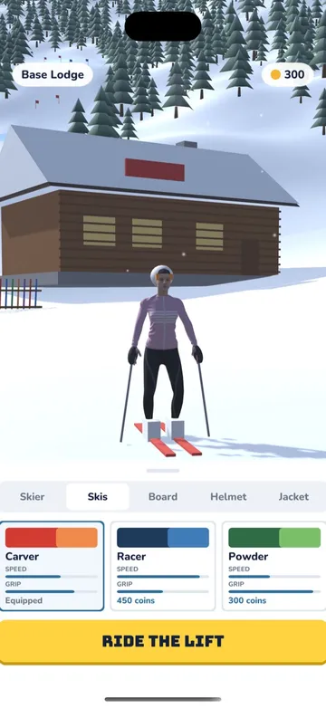 SkiRider 3D lodge: a skier choosing skis outside the base lodge