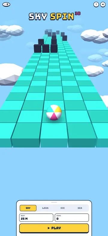 SkySpin 3D title screen: a beach ball on a teal track above the clouds